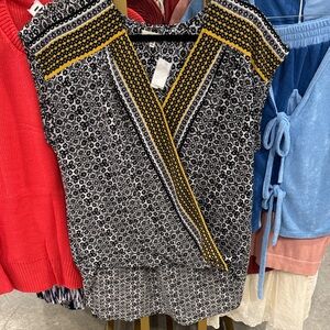 Max Studio Black & White Geometric Wrap Top with Yellow Trim
